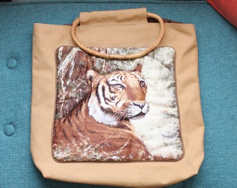 vintage quilted tiger tote bag with bamboo handles by Heirloom Designs, fully lined sturdy canvas