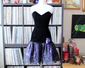 vintage Jessica McClintock Gunne Sax black velvet strapless mini dress with purple lace poof skirt, approx small xs