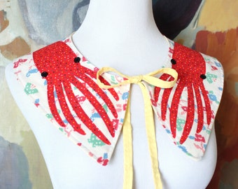 applique squid removable collar - handmade with upcycled vintage fabrics, vintage feedsack, red polka dots and yellow cotton