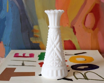 vintage milk glass vase, etched pattern, white home decor