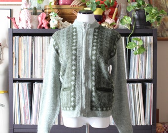 mens vintage mohair cardigan with zipper and pockets by Rugby, patterned green, approx small medium, grandpa sweater