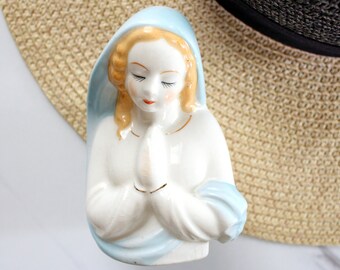 small vintage praying Mary planter or vase, hand painted white porcelain