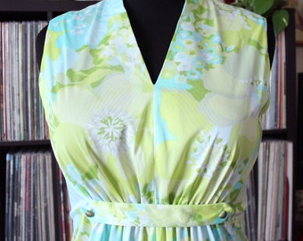 vintage floral maxi lounge dress, pastel green and blue nylon, womens medium or large