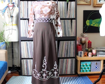 1970s vintage maxi dress, brown studded full length gown with applique details, approx womens medium