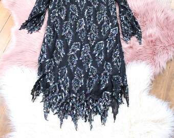 witchy glam vintage sequin dress by Scala with hanky hem, sheer black silk