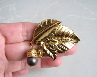 vintage gold leaf and black pearl acorn dangle brooch or collar pin