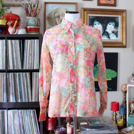 vintage 1970s pink floral blouse, sheer nylon butt