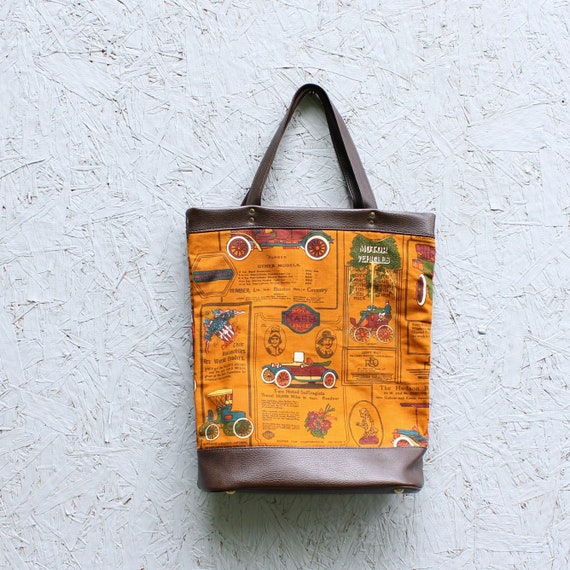 60s 70s vintage market tote bag, antique automobil