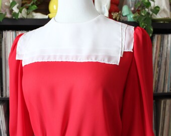 70s vintage red dress with white bib collar, sheer shift, womens small medium midi