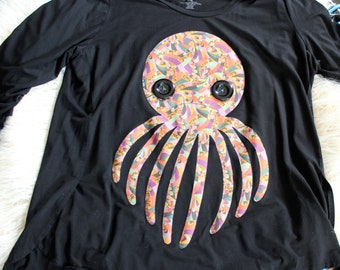 SALE 3x octopus top, reclaimed applique black tunic