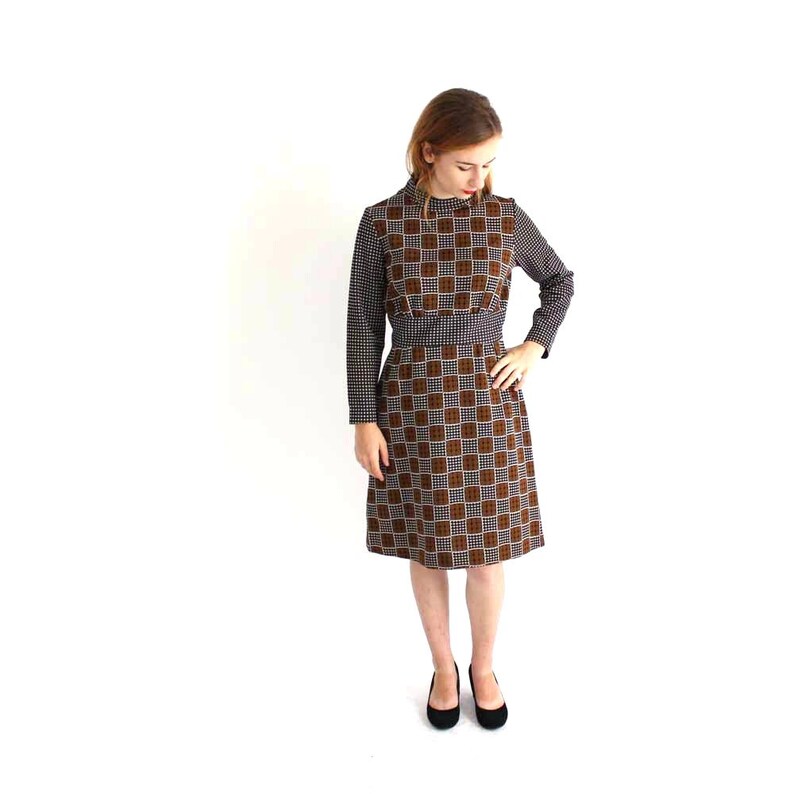 brown /& black checker board print 60s 70s vintage op art dress