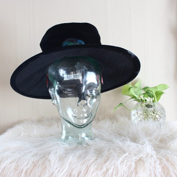 vintage black velvet witch hat with wide brim, fla