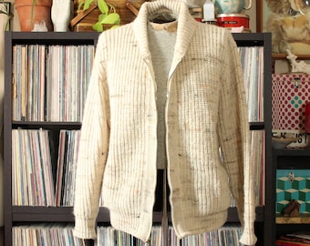 70s vintage zipper cardigan, flecked oatmeal with shawl collar, wool Winona Knits, tag size mens large