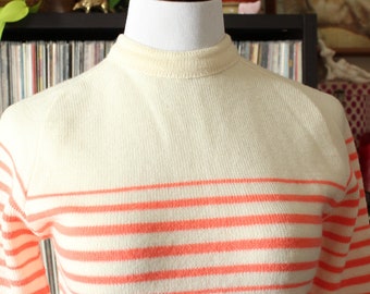 1960s vintage sweater by Bobbie Brooks, cream and coral pink stripes, wool with high neck