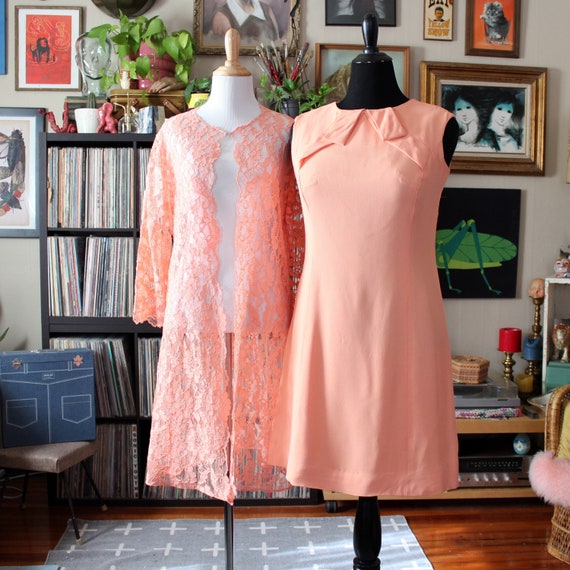 vintage 60s peach dress with lace overlay jacket b