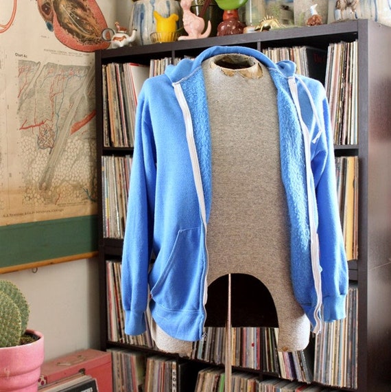vintage 80s hoodie, mens / unisex, blue, some flaw