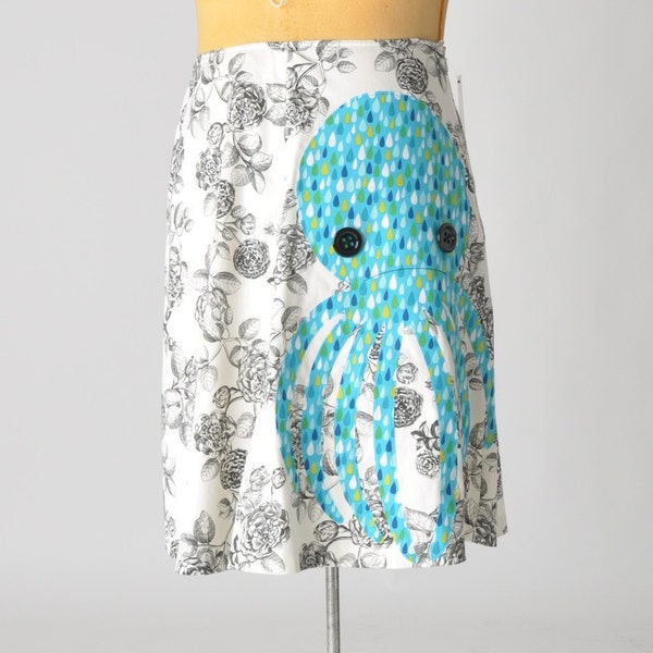 octopus skirt with roses and raindrops - applique skirt 20% OFF - upcycled clothing