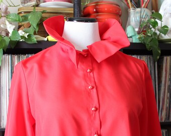 bright red 1970s vintage ruffle collar blouse by Nardis of Dallas, approx womens size medium