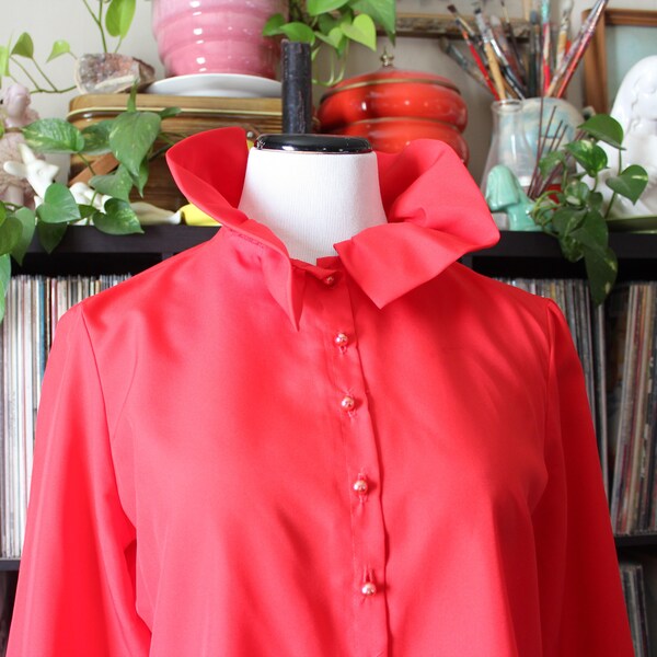 bright red 1970s vintage ruffle collar blouse by Nardis of Dallas, approx womens size medium