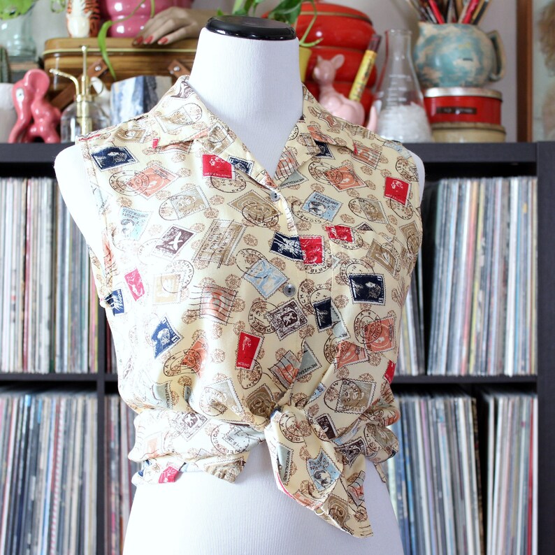 Vintage novelty print postage stamp blouse rayon sleeveless Etsy