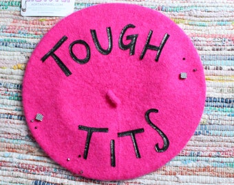 beaded bright pink Tough Tits beret