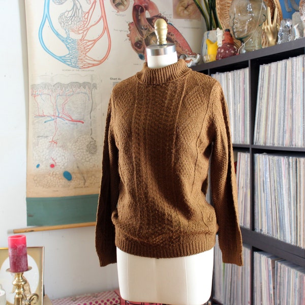 chocolate brown vintage 60s sweater, textured fisherman knit with turtleneck, zips at nape . Carol Brent Young Junior