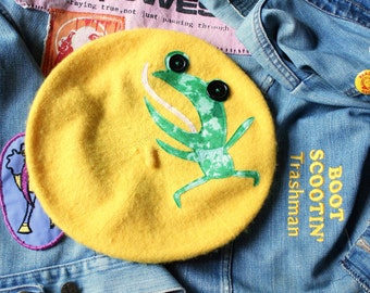 bright yellow frog beret, unique applique hat