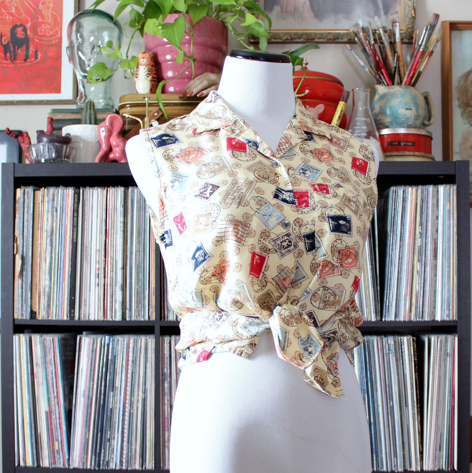 Vintage novelty print postage stamp blouse rayon sleeveless Etsy