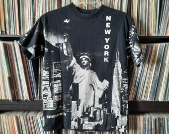 90s vtg New York t-shirt, all over print by Edwards Teez 1998, statue of liberty, twin towers, empire state building, small medium