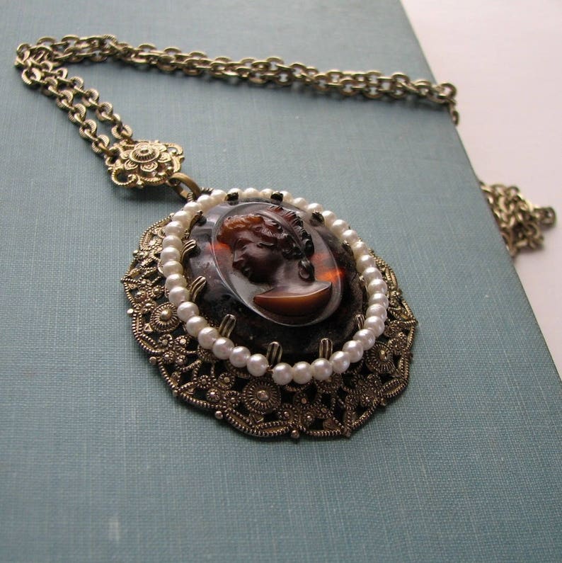 Vintage West Germany cameo necklace glass fake pearls and Etsy