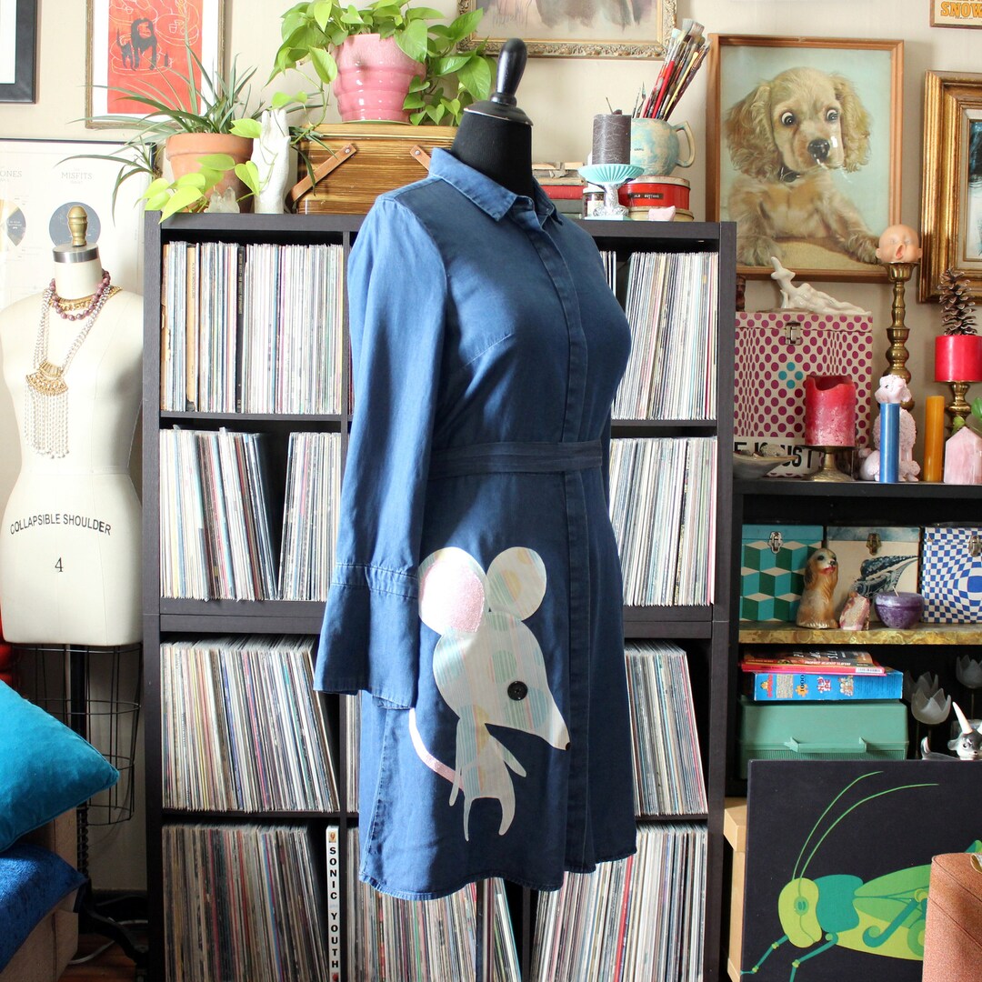 Applique Denim Mouse Dress With Long Sleeves, Button Front - Etsy