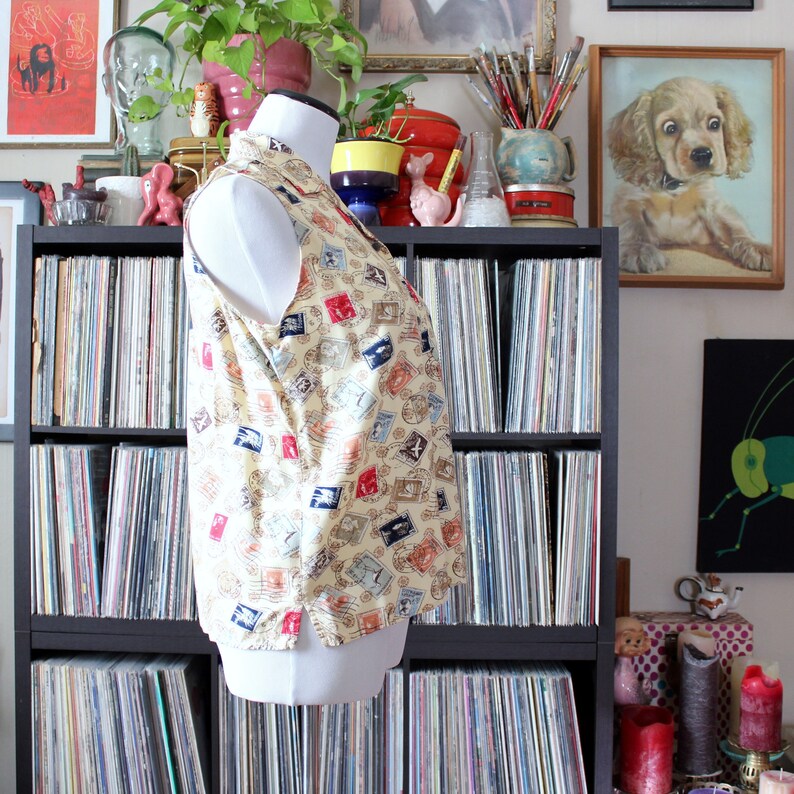 Vintage novelty print postage stamp blouse rayon sleeveless Etsy