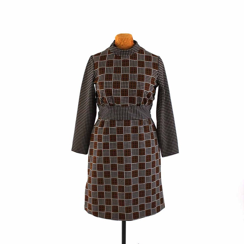 brown /& black checker board print 60s 70s vintage op art dress