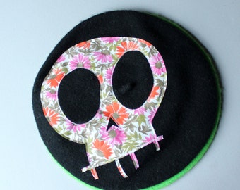 black & floral skull beret