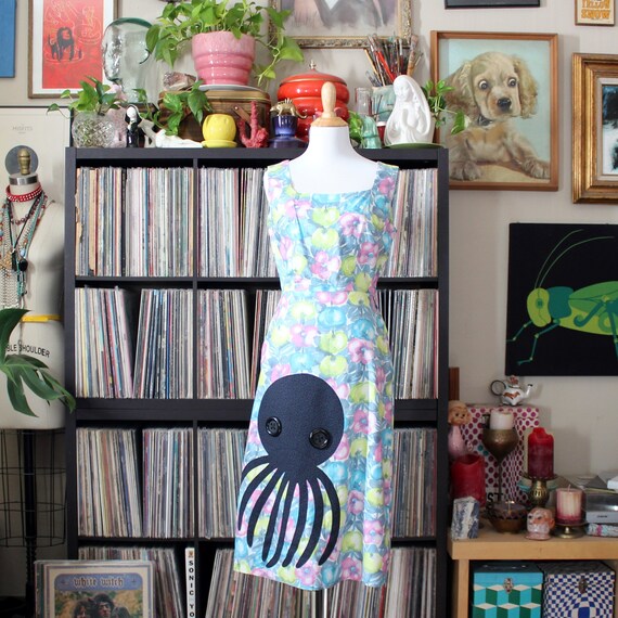 octopus dress, applique vintage 1960s cotton sundr