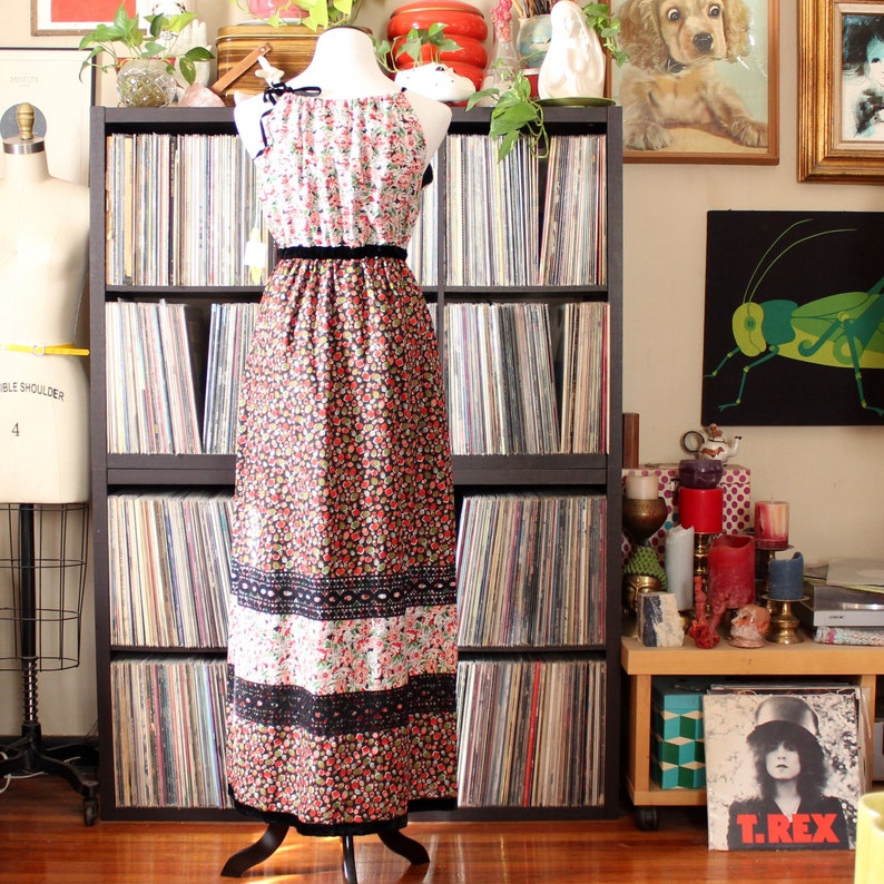 vintage Mr. Hank maxi dress & matching shawl, 1970s prairie boho in pink and red floral geometric, black lace and velvet trim image 4