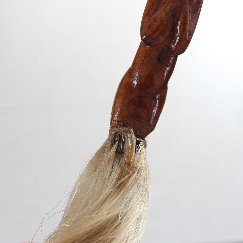 vintage African fly whisk swatter figural nude woman carved wood handle and horse or cow hair
