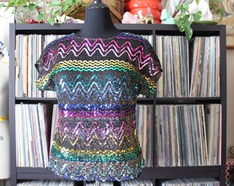 vintage rainbow sequin top, approx womens medium large, black and gold lurex