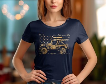 Vintage American Flag Off-Road Jeep T-Shirt, Patriotic 4x4 Vehicle Tee, Distressed Military Design Shirt, Casual Adventure Graphic Top