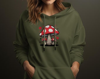 Whimsical Mushroom Sweatshirt, Unisex Graphic Pullover, Red Toadstool Print, Nature Inspired, Casual Hoodie, Cozy Aesthetic Top