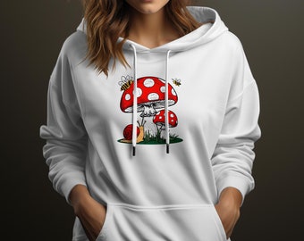 Whimsical Mushroom and Bees Graphic Sweatshirt, Nature-Inspired Comfy Hoodie, Casual Unisex Amanita Top, Outdoor Enthusiast Clothing Gift