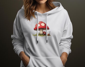 Whimsical Mushroom and Snail Illustration Sweatshirt, Unisex Nature-Inspired Graphic Hoodie, Casual Forest Themed Comfortable Apparel