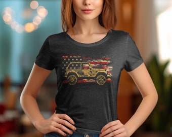 Vintage American Flag Jeep Graphic T-Shirt, Patriotic Off-Road Tee, Distressed USA Flag 4x4 Shirt, Retro Style Jeep Lover Gift, Unisex