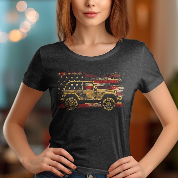 Vintage American Flag Jeep Graphic T-Shirt, Patriotic Off-Road Tee, Distressed USA Flag 4x4 Shirt, Retro Style Jeep Lover Gift, Unisex