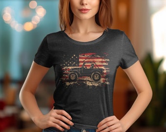 Vintage American Flag Jeep T-Shirt, Off-Road Adventure Graphic Tee, Patriotic 4x4 Vehicle Shirt, Distressed Military Jeep Lover Gift