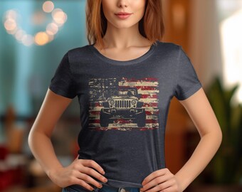 Vintage Jeep Graphic Tee, Distressed American Flag T-Shirt, Off-Road 4x4 Truck Shirt, Patriotic Adventure Clothing, Retro Style Top, Unisex