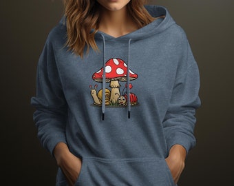 Whimsical Mushroom and Critters Hoodie, Cute Snail Graphic Pullover, Comfy Casual Red Toadstool Top, Nature Inspired Sweatshirt