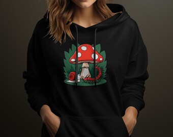 Whimsical Forest Friends Sweatshirt, Red Mushroom Snail Centipede Graphic, Unisex Nature Inspired Pullover Hoodie, Casual Outdoor Clothing