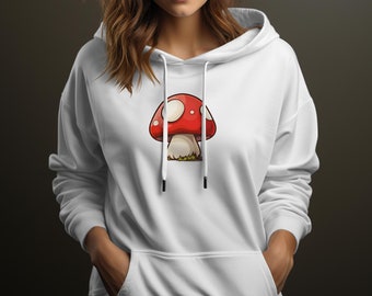 Cute Red Mushroom Illustration Sweatshirt, Unisex Fungi Graphic Hoodie, Amanita Design Casual Top, Nature Inspired Cozy Apparel Gift