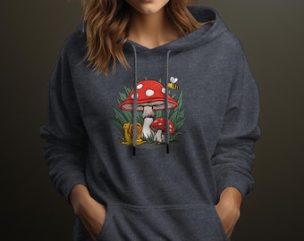 Whimsical Mushroom and Insects Graphic Sweatshirt, Nature Lover , Unisex Casual Hoodie, Botanical Print, Snail and Bee Illustration